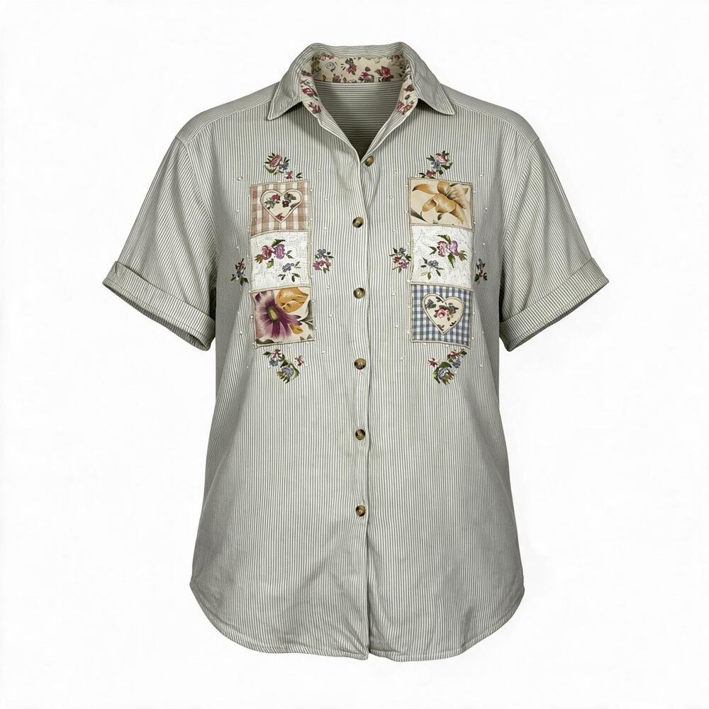 Vintage Casey & Max Shirt M Patchwork Floral Embroidered Pearl Cottagecore